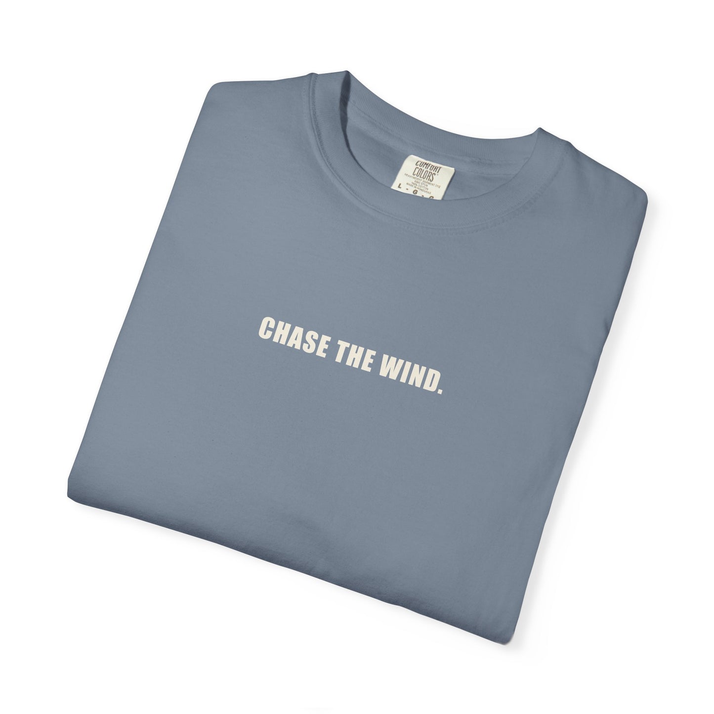 The Chase Tee — CHASE THE WIND. chest line, H monogram at the back collar, garment-dyed cotton