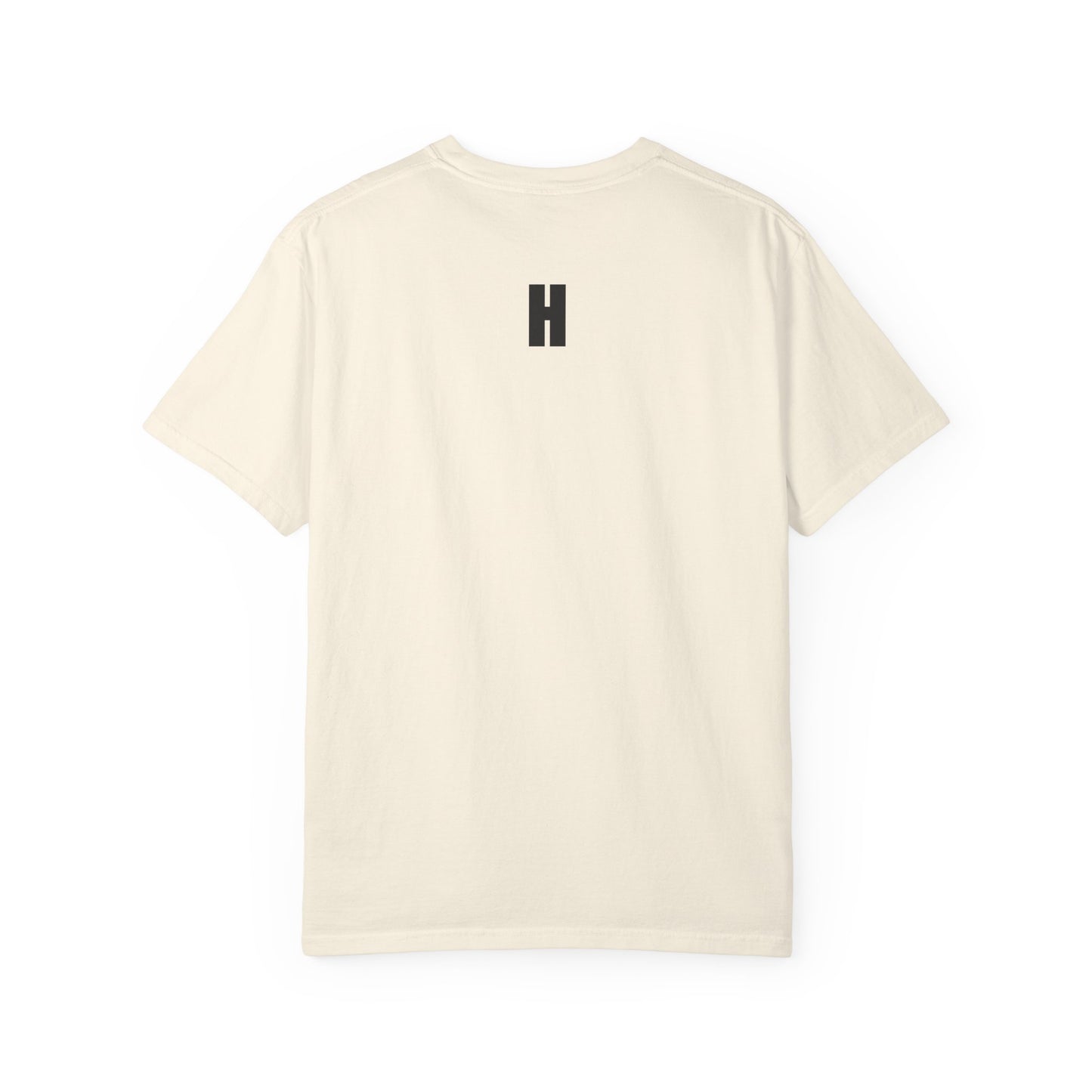 The Run Into It Tee — RUN INTO IT. chest print, H monogram at the back collar, garment-dyed cotton