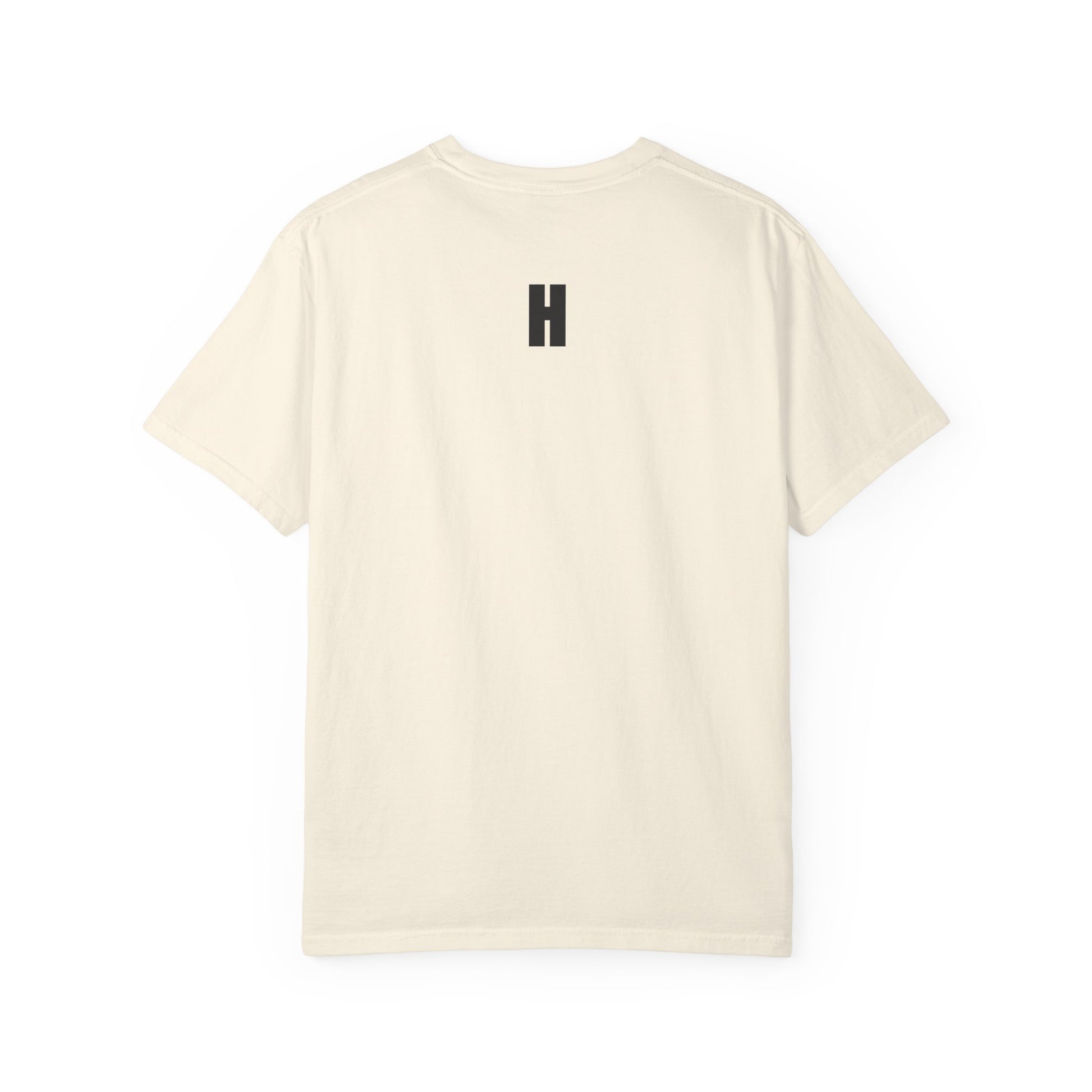 The Run Into It Tee — RUN INTO IT. chest print, H monogram at the back collar, garment-dyed cotton