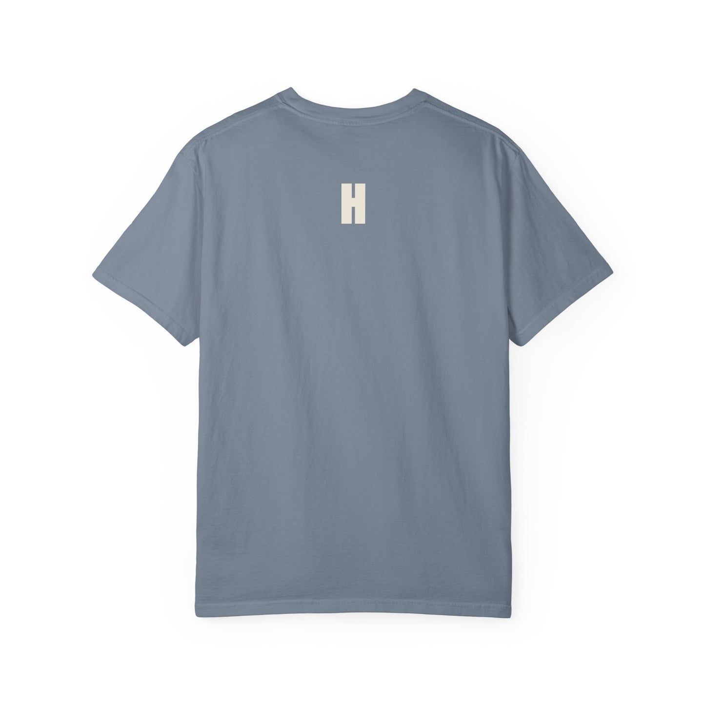 The Run Into It Tee — RUN INTO IT. chest print, H monogram at the back collar, garment-dyed cotton