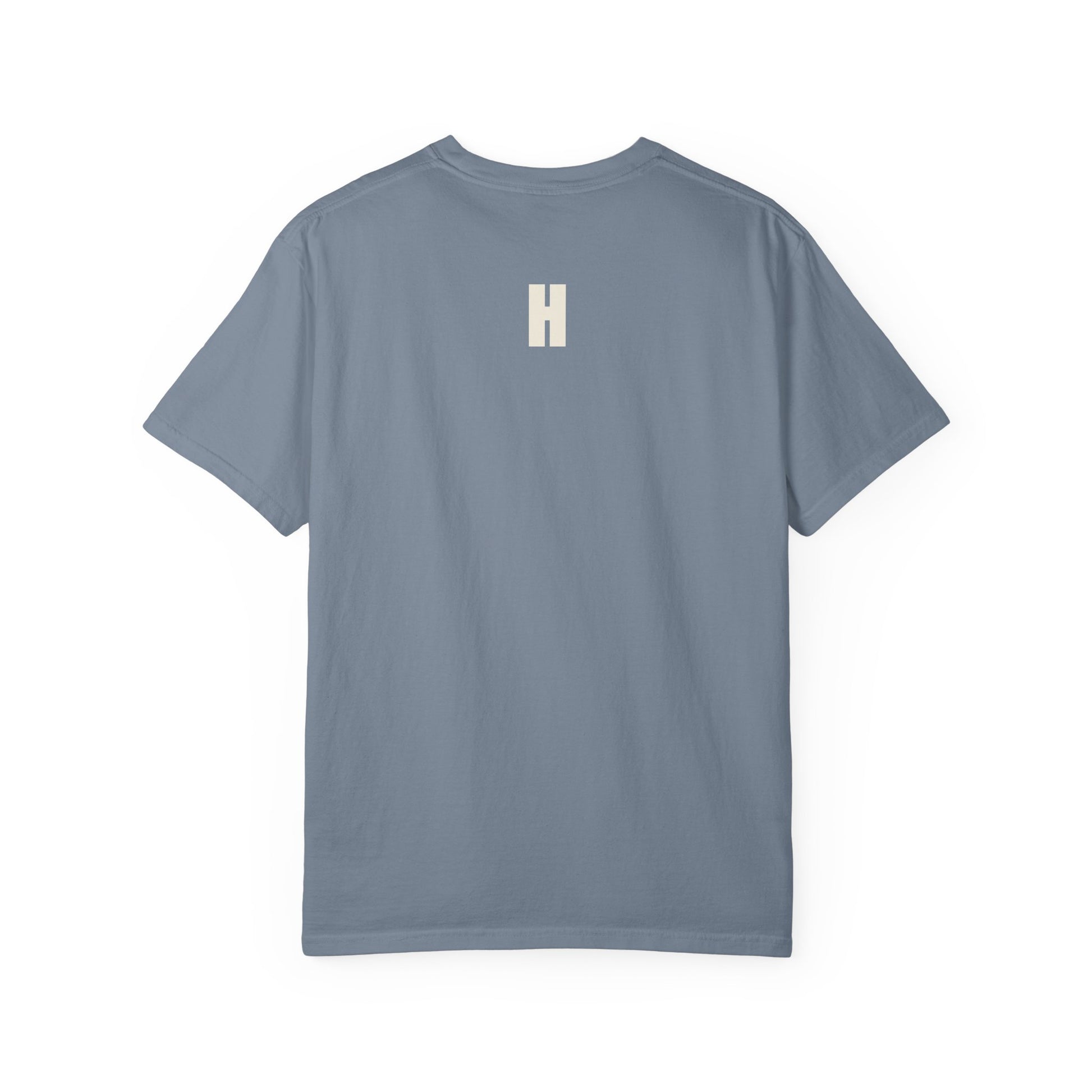 The Run Into It Tee — RUN INTO IT. chest print, H monogram at the back collar, garment-dyed cotton
