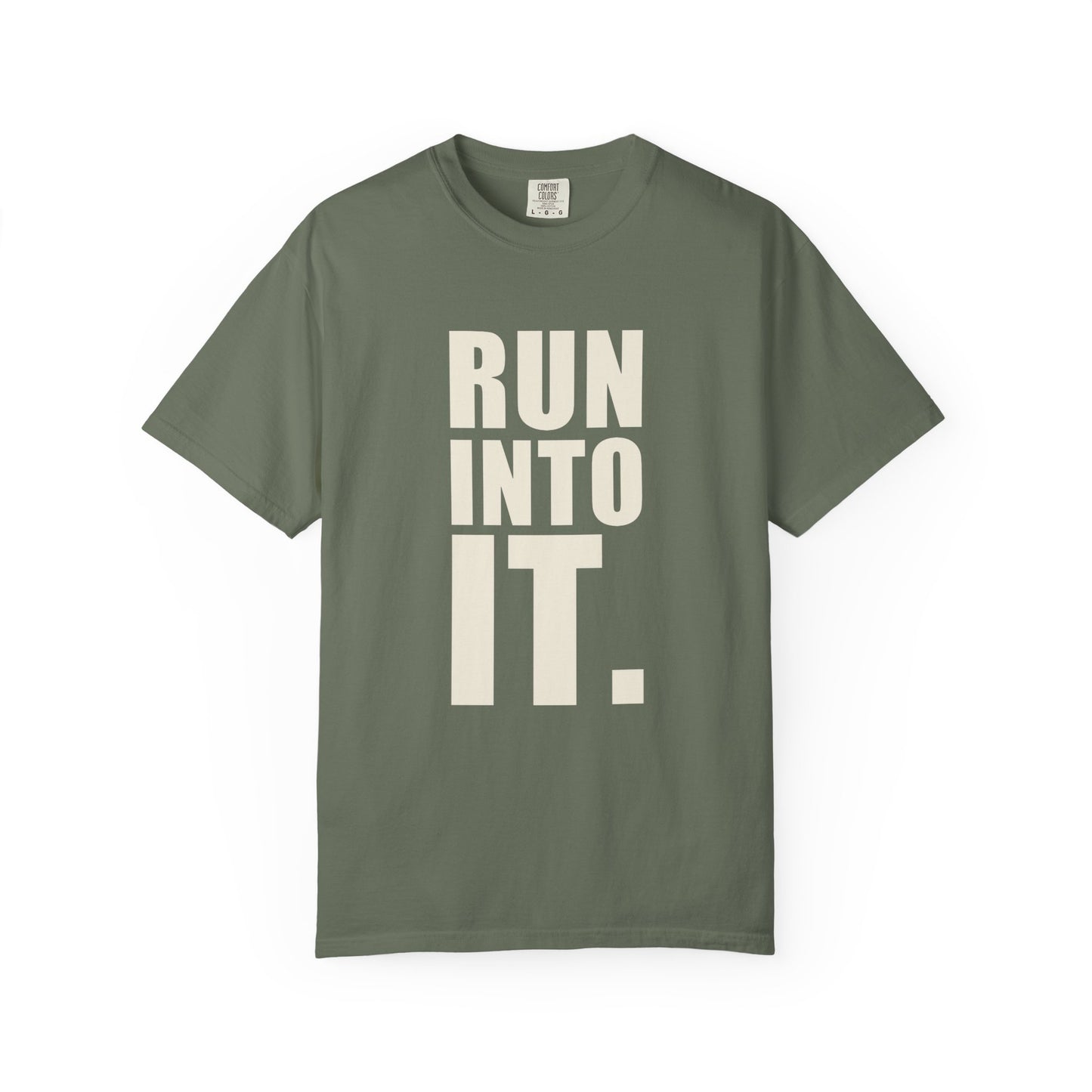 The Run Into It Tee — RUN INTO IT. chest print, H monogram at the back collar, garment-dyed cotton