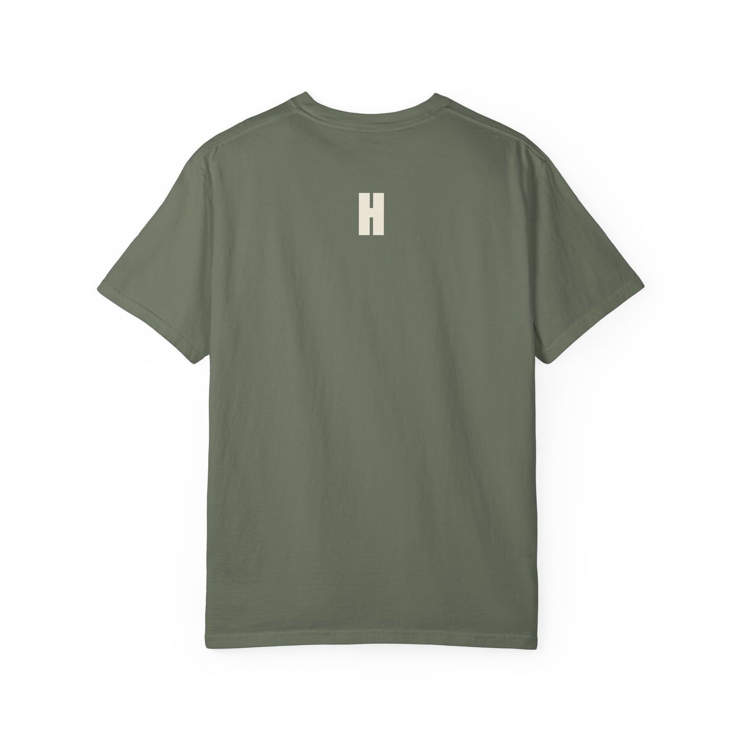 The Run Into It Tee — RUN INTO IT. chest print, H monogram at the back collar, garment-dyed cotton