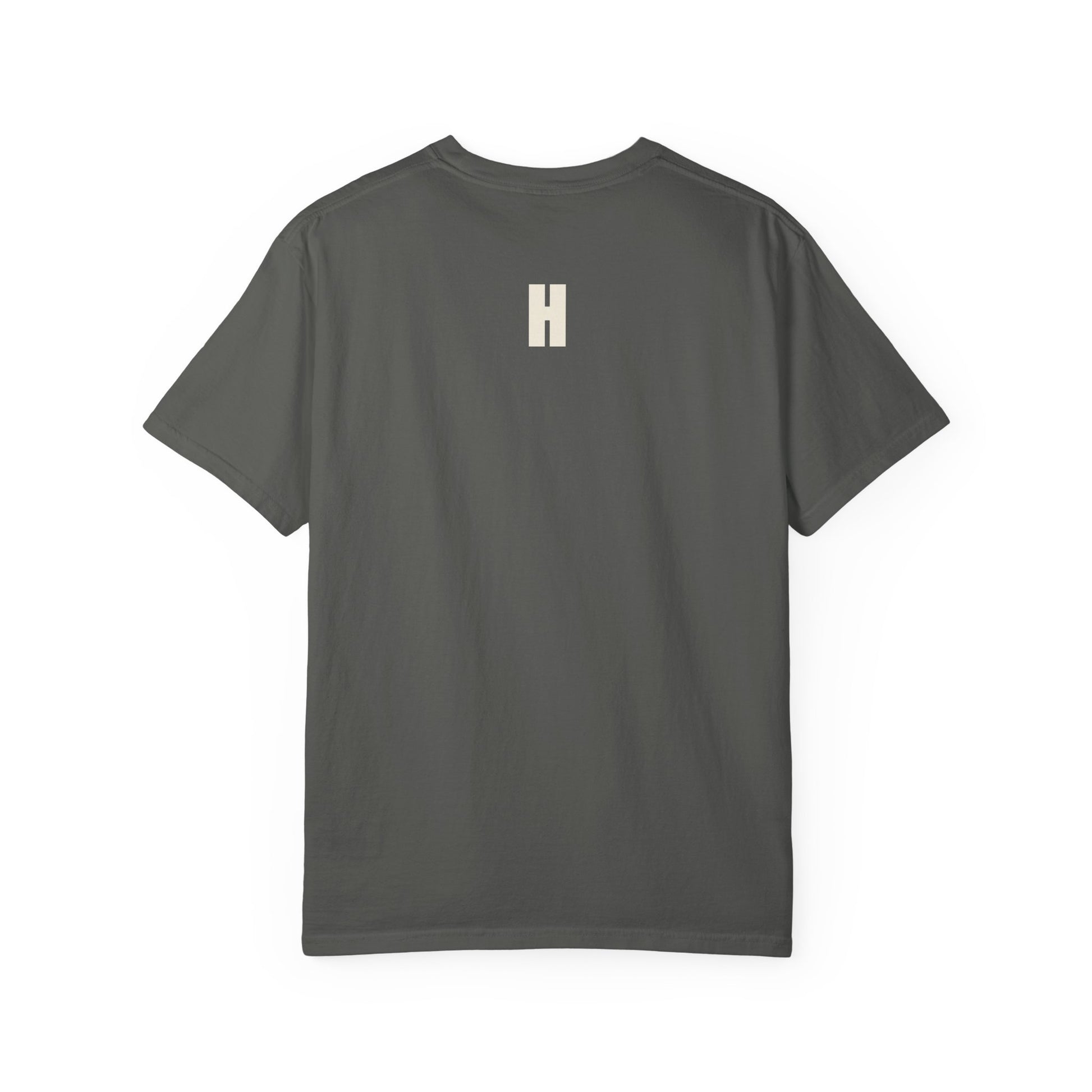 The Run Into It Tee — RUN INTO IT. chest print, H monogram at the back collar, garment-dyed cotton