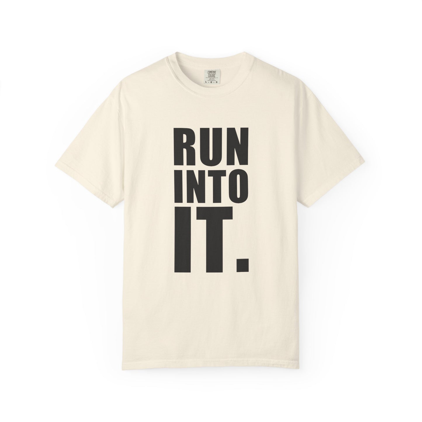 The Run Into It Tee — RUN INTO IT. chest print, H monogram at the back collar, garment-dyed cotton