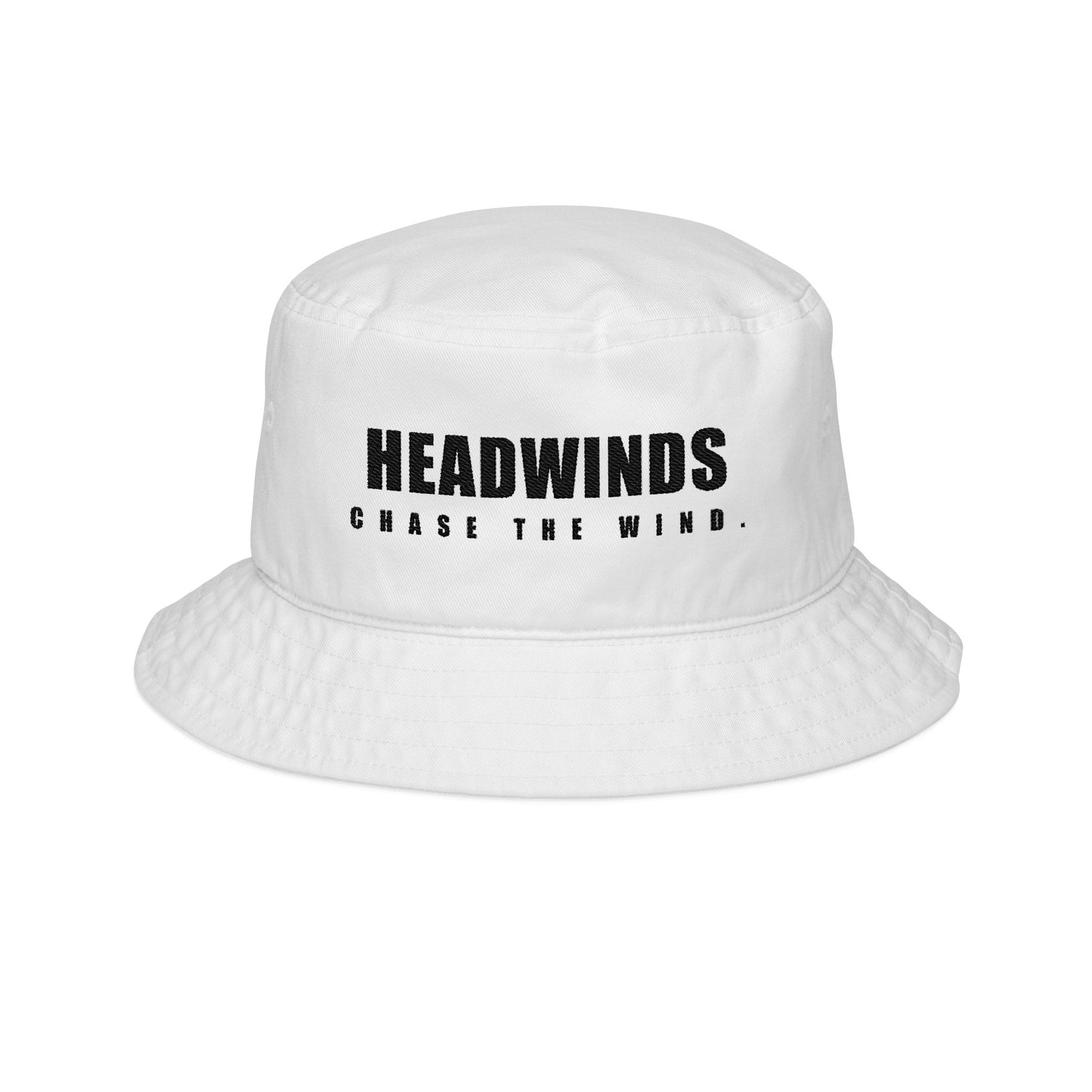 The Switchback Bucket in White — 100% cotton twill bucket hat, embroidered HEADWINDS front