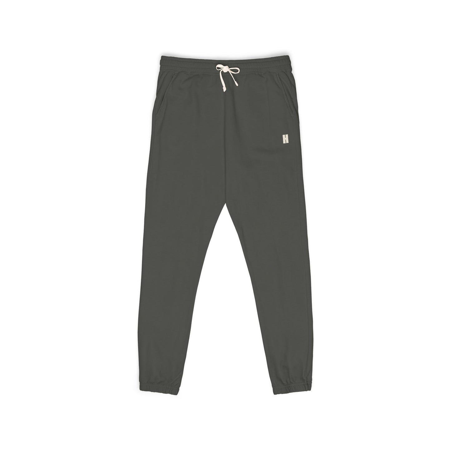 The Recovery Pant in Pepper — garment-dyed 100% cotton fleece sweatpants, small H at the left hip