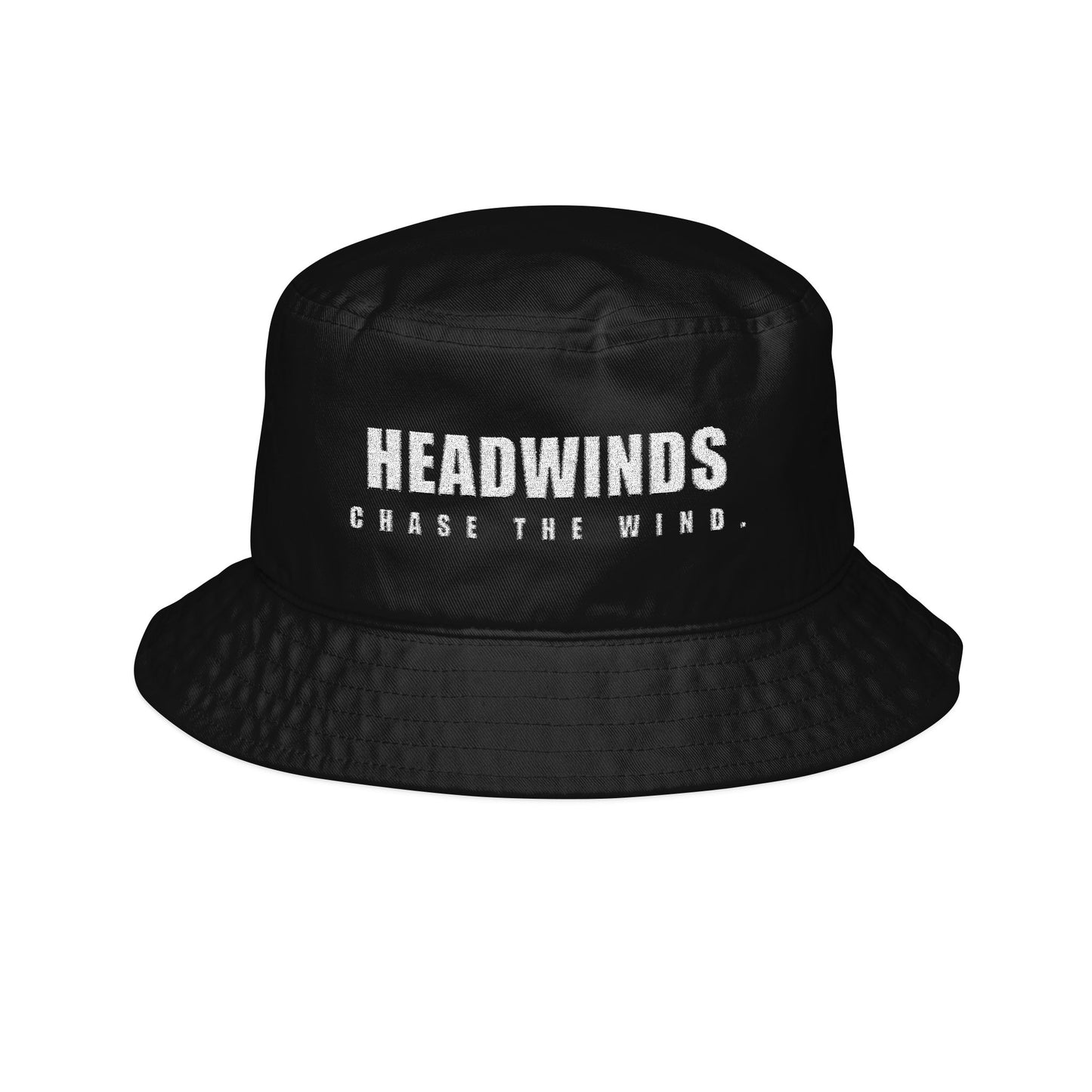 The Switchback Bucket in Black — 100% cotton twill bucket hat, embroidered HEADWINDS front