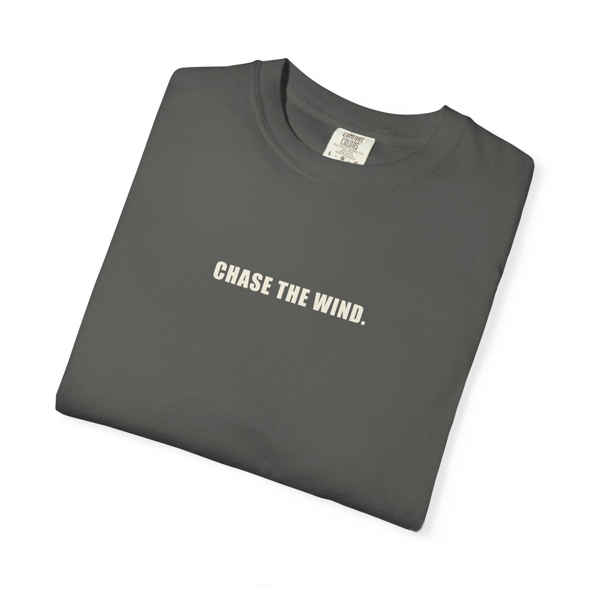 The Chase Tee — CHASE THE WIND. chest line, H monogram at the back collar, garment-dyed cotton