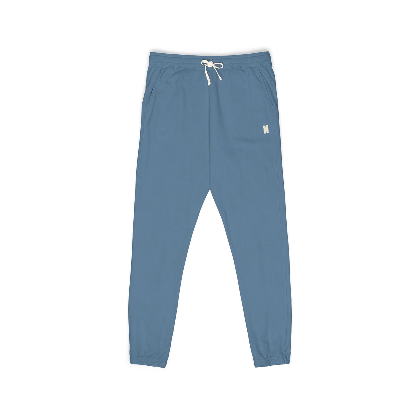 The Recovery Pant in Blue Jean — garment-dyed 100% cotton fleece sweatpants, small H at the left hip