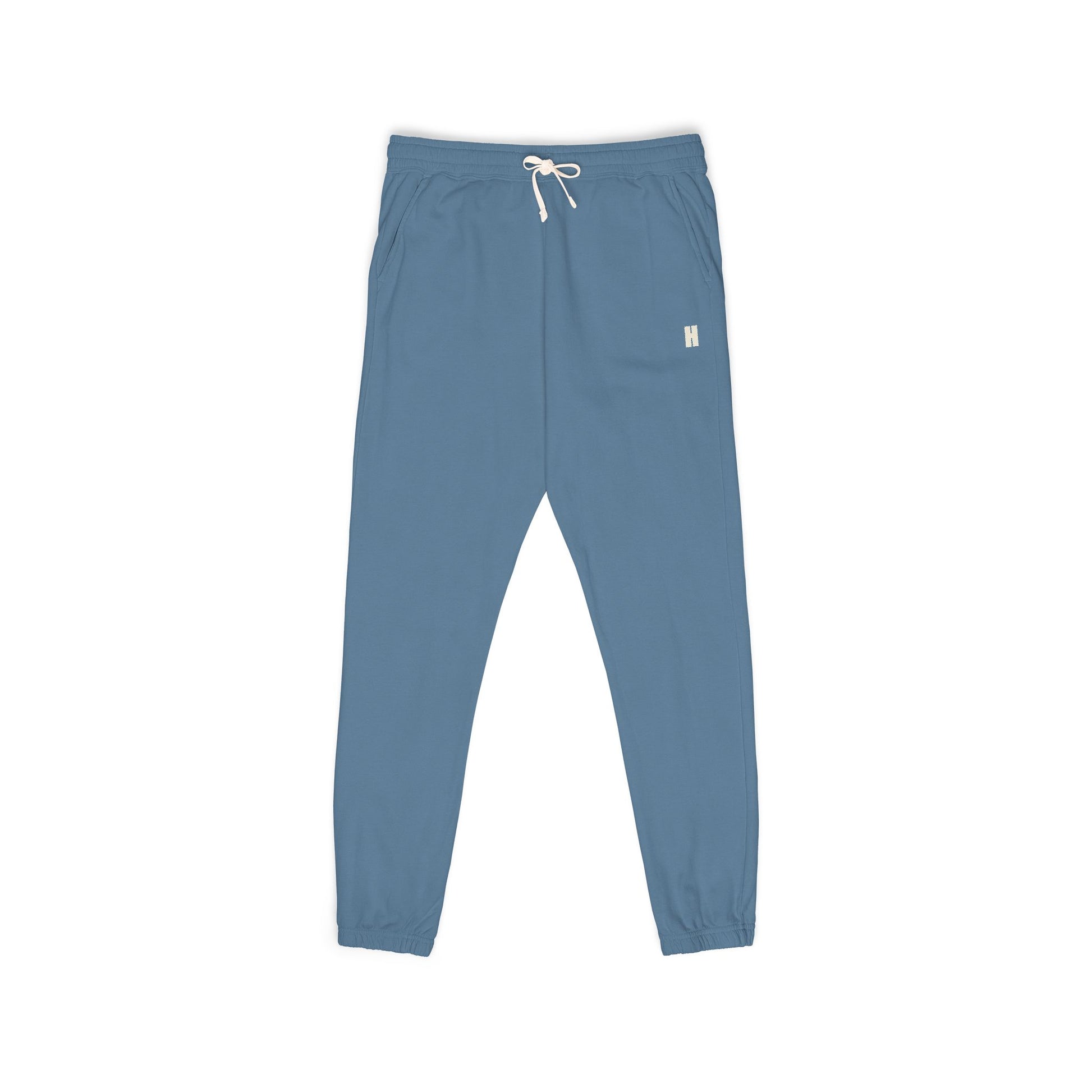 The Recovery Pant in Blue Jean — garment-dyed 100% cotton fleece sweatpants, small H at the left hip