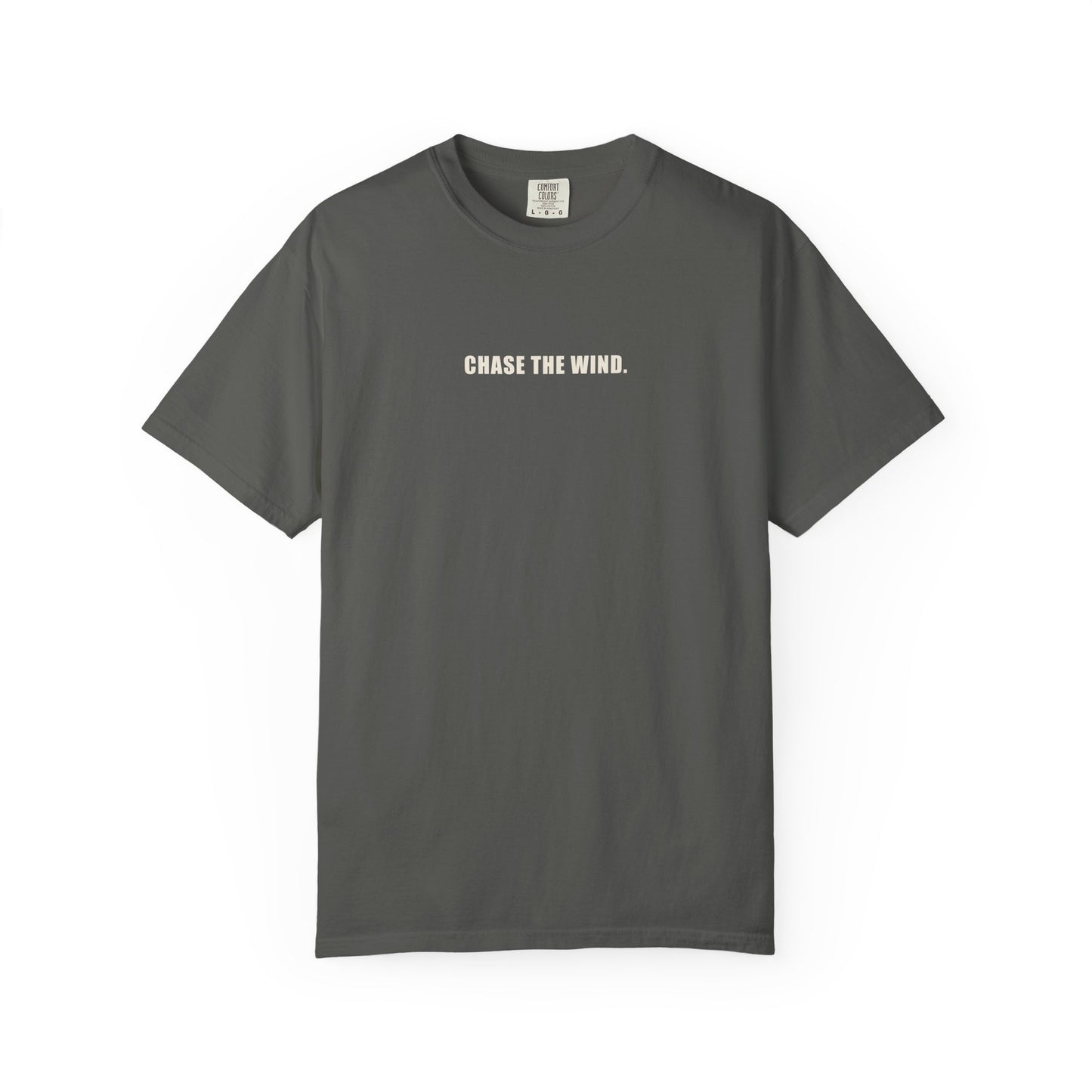 The Chase Tee — CHASE THE WIND. chest line, H monogram at the back collar, garment-dyed cotton