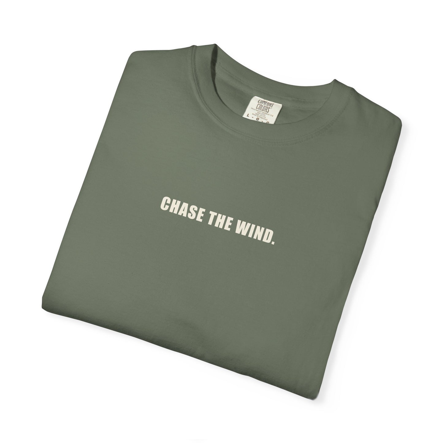 The Chase Tee — CHASE THE WIND. chest line, H monogram at the back collar, garment-dyed cotton