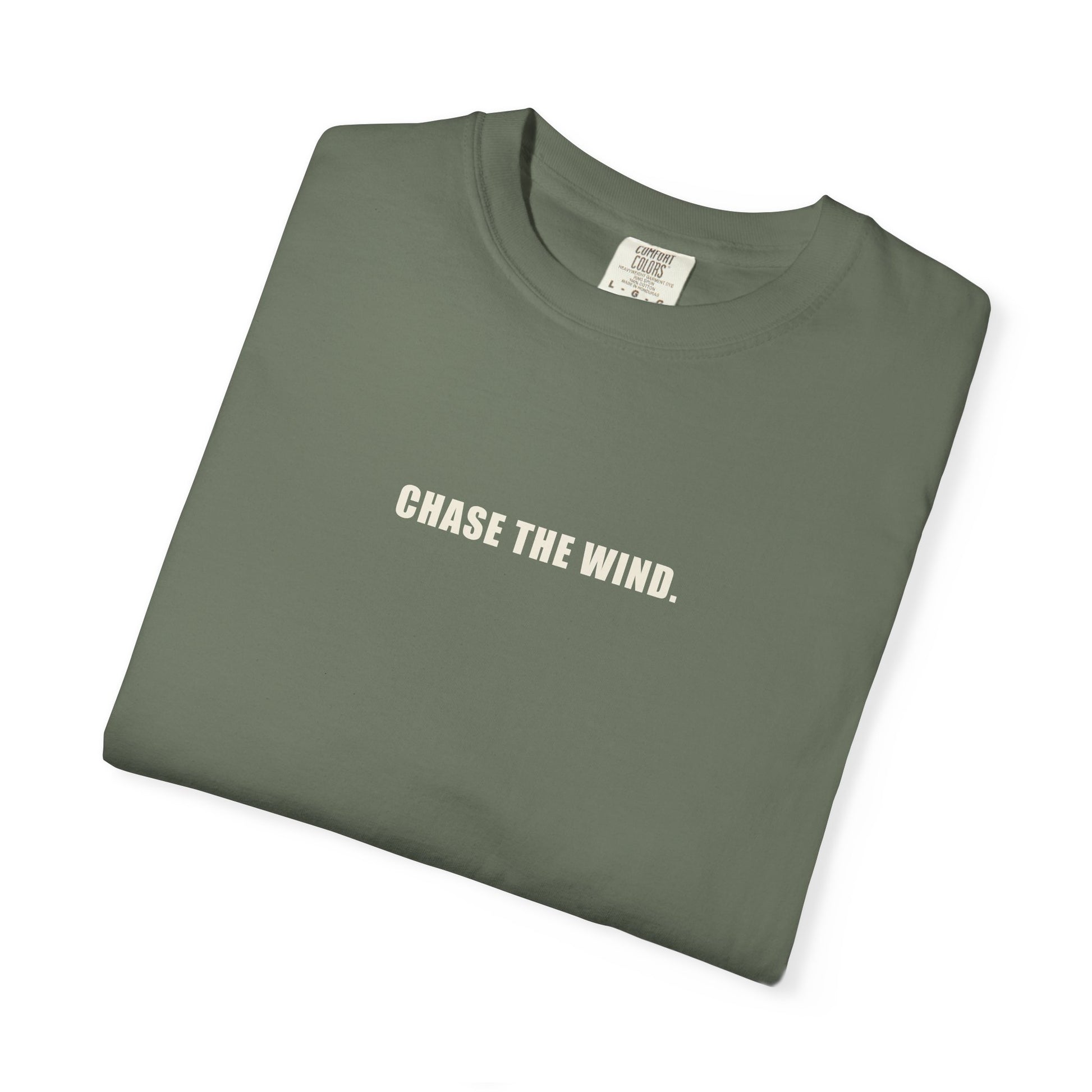 The Chase Tee — CHASE THE WIND. chest line, H monogram at the back collar, garment-dyed cotton