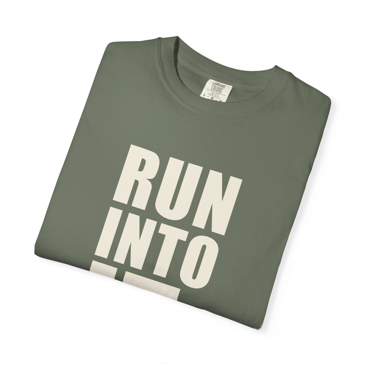 The Run Into It Tee — RUN INTO IT. chest print, H monogram at the back collar, garment-dyed cotton