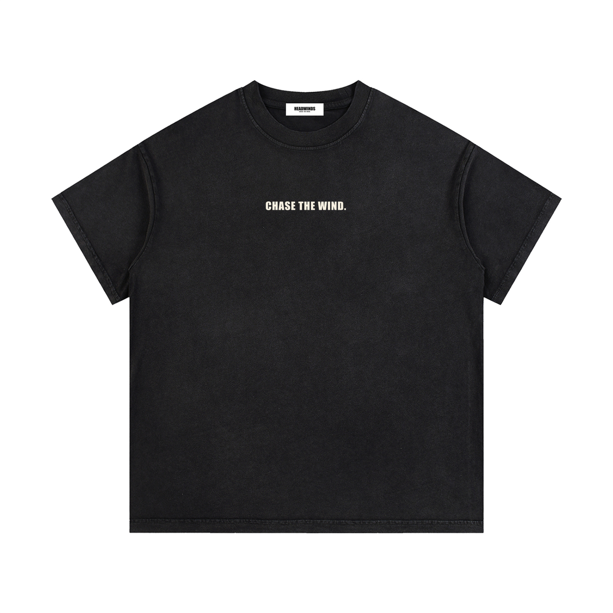 The Chase Tee - vintage washed cotton with CHASE THE WIND across the chest and the H at the back collar