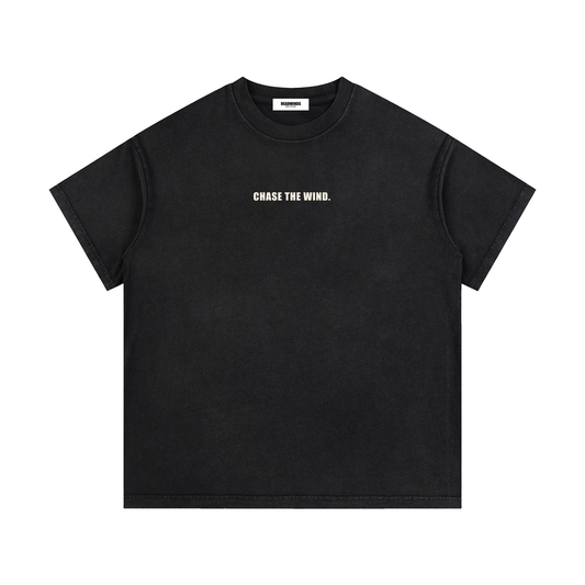The Chase Tee - vintage washed cotton with CHASE THE WIND across the chest and the H at the back collar