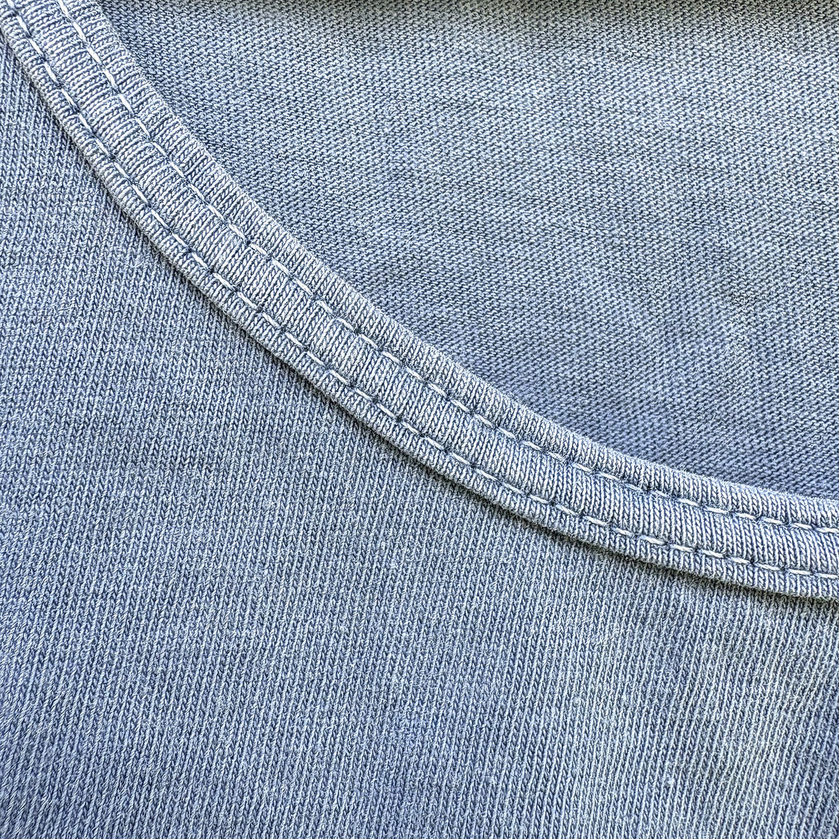 The Vert Tank in Blue Jean - collar ribbing detail, garment-dyed cotton